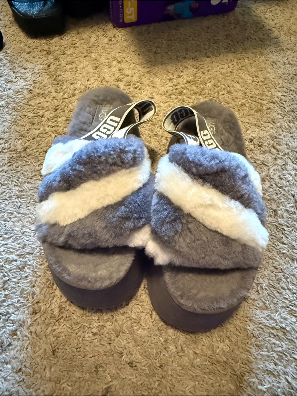 UGG Grey and White Plush Fluff Slide - Women's Slip-On